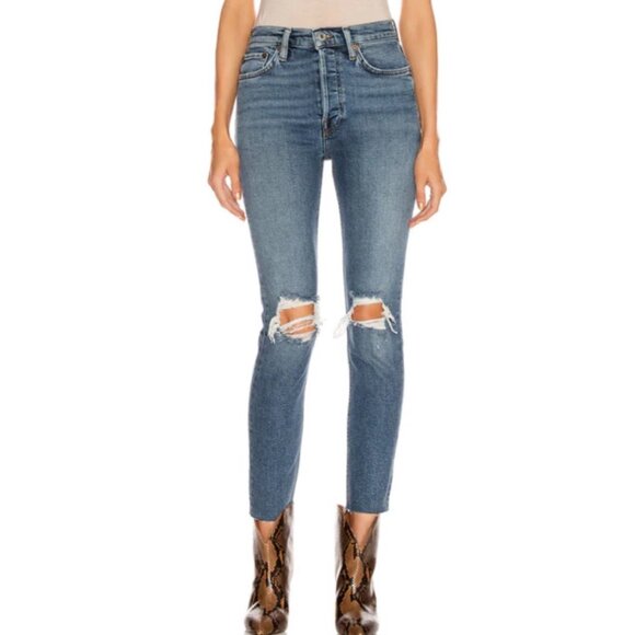 Re/Done 90's High Rise Ankle Crop Jeans in Dusk Destroy - Picture 2 of 13